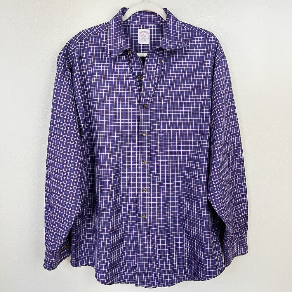 Brooks Brothers Purple Plaid Button Down Sport Non-Iron Cotton Polo Shirt Large